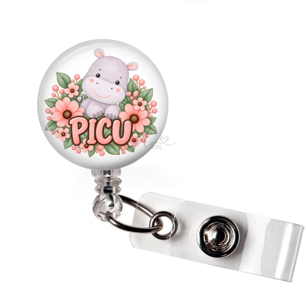 PICU Nurse Badge Reel Pediatric Intensive Care Cute Hippo Floral ID Holder
